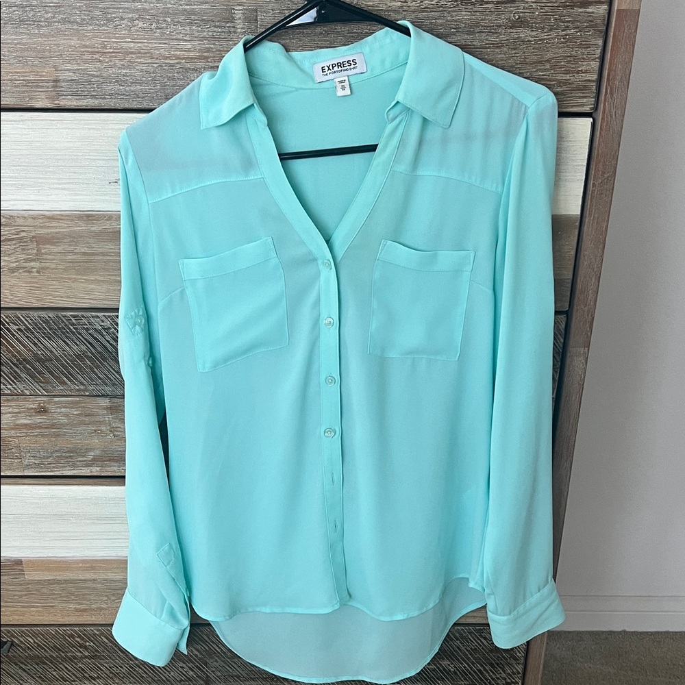 Express Mint Green Button-Front Long Sleeve Blouse
